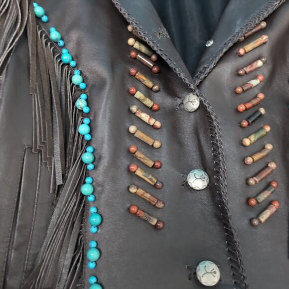 Vintage Red Clay People Black Leather Fringe and Bead Jacket Size Medium - Picture 3 of 9